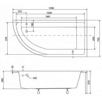 Ванна права асиметрична Besco Praktika 140x70cm біла- sanitbuy.pl