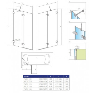 Ширма для ванни Radaway Essenza Pro Gold PNJ II, скло прозоре, 50x150cm, золотий profil