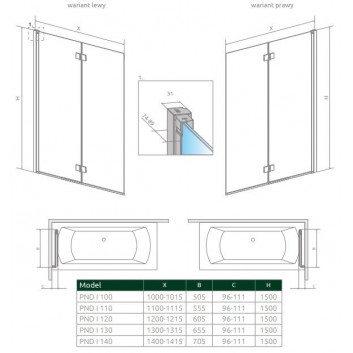 Ширма для ванни Radaway Nes 8 Black PND I, лівий, складаний, скло прозоре, 140x150cm, чорний profil