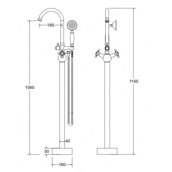 Змішувач для ванни, розташований окре 84 Besco Modern II, висота 1120mm, душовий комплект, хром