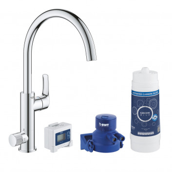 Комплект startowy Grohe Blue Pure зі змішувачем kuchenną Minta у формі L, filtrowanie wody, висувний злив, нержавіюча сталь