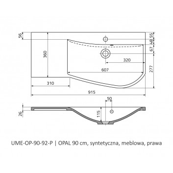Меблевий умивальник Oristo Opal, ліва, 90x45cm, z переливом, konglomeratowa, біла