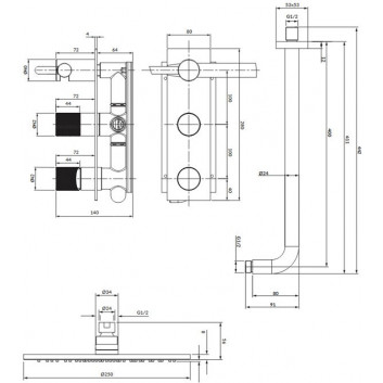Душова система Omnires Contour, прихований, 2 wyjscia wody, верхній душ кругла 250mm, лійка однорежимна, золотий szczotkowany