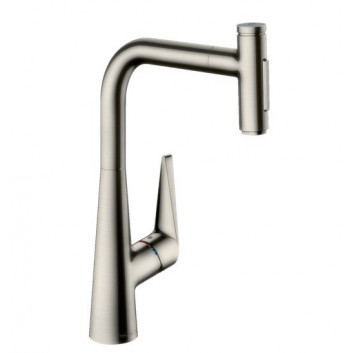 Кухонний змішувач Hansgrohe Metris Select M71, одноважільний 240, висувний злив, 2jet, sBox - благородна сталь finish