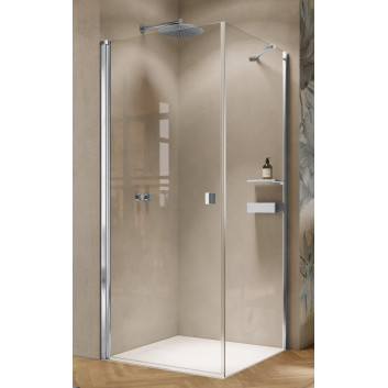 Душові розпашні двері розміром Huppe Solva безкаркасні, кріплення ліве, 500-1250 x 200x1200 mm, з бічною стінкою, скло прозорі Anti-Plaque, срібний глянцевий профіль