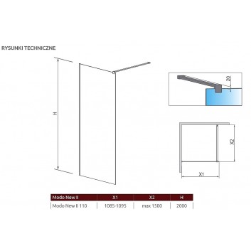 Стінка Walk-In Radaway Modo New II 110, 108.5-109.5x200cm, хром, szkło прозоре- sanitbuy.pl